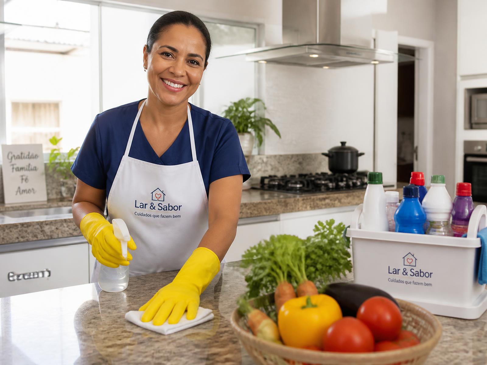 Profissional de limpeza doméstica e cozinha organizando uma cozinha clara